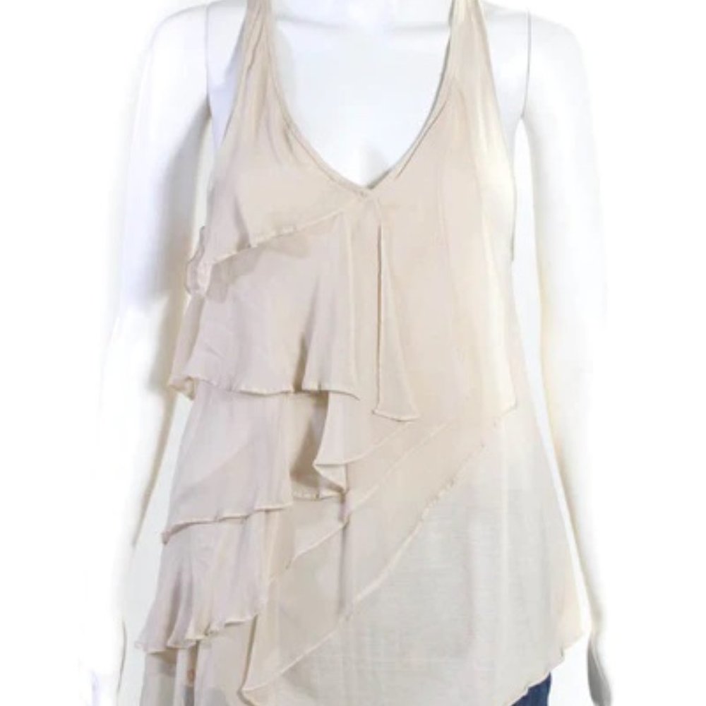 Haute Hippie Ruffled Accent V Neck Tank Top Blouse Shirt Beige Size M